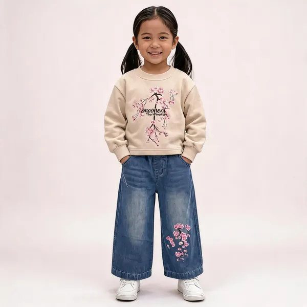 Beige_Printed_Sweatshirt_And_Blue_Wide_Leg_Jeans_Set_For_Girls