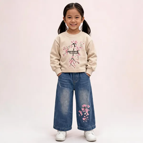 Beige_Printed_Sweatshirt_And_Blue_Wide_Leg_Jeans_Set_For_Girls