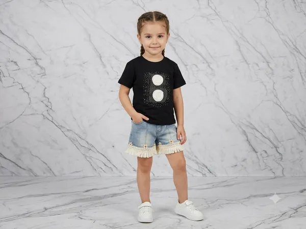 Black_Casual_T-Shirt_And_Denim_Shorts_Set_for_Girls