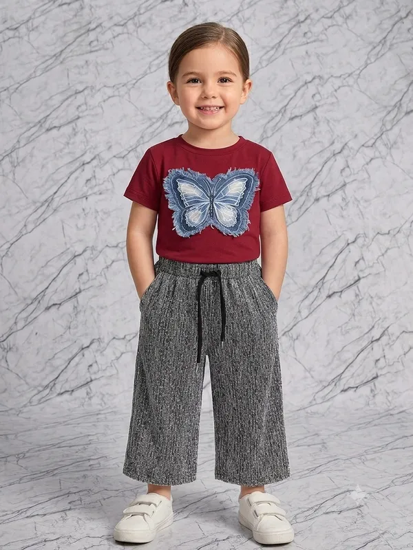 Maroon_Butterfly_Print_T-Shirt_And_Grey_Wide_Leg_Pants_Set_for_Girls