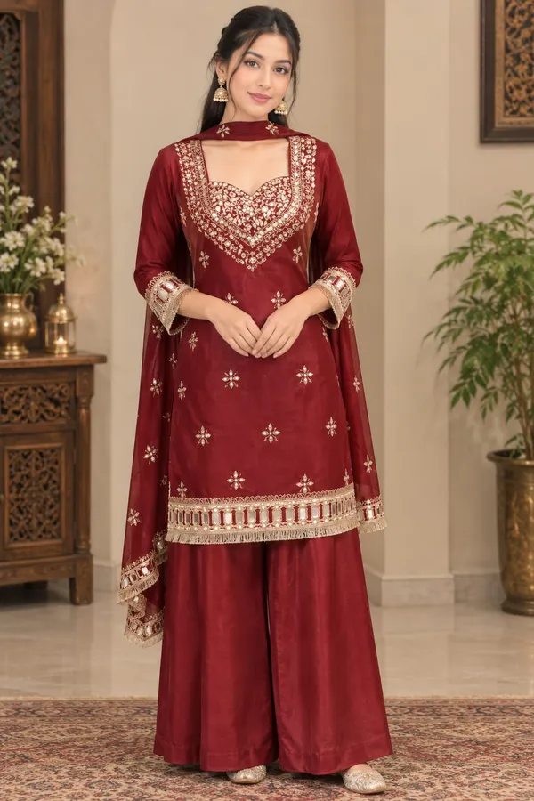 Maroon_Silk_Choli_Kurti_Palazzo_Set_For_Women