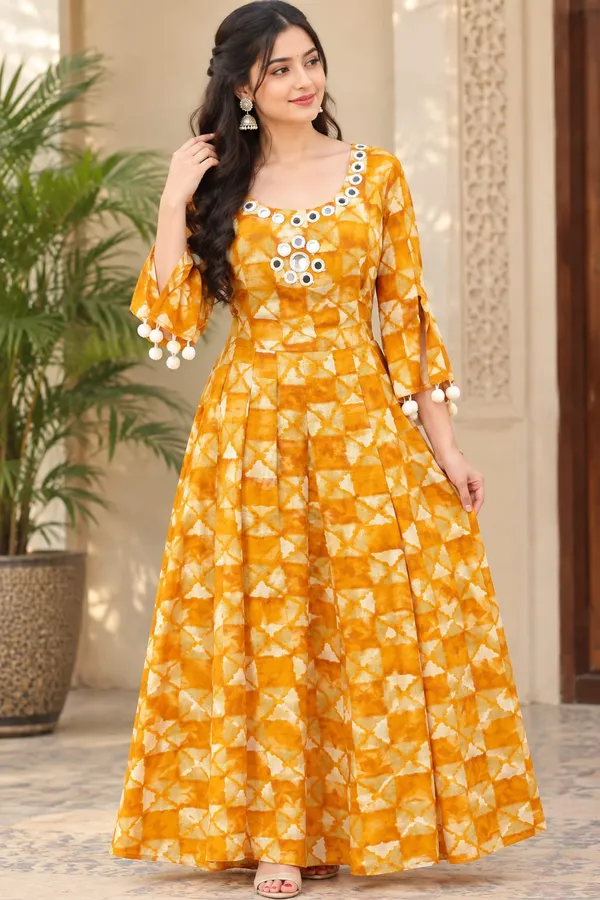 Yellow_Rayon_Frock_Suit_For_Women