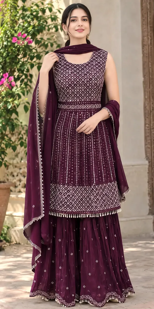 Purple_Georgette_Peplum_Top_With_Sharara_For_Women