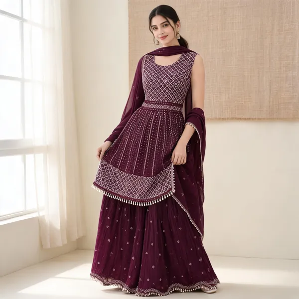 Purple_Georgette_Peplum_Top_With_Sharara_For_Women