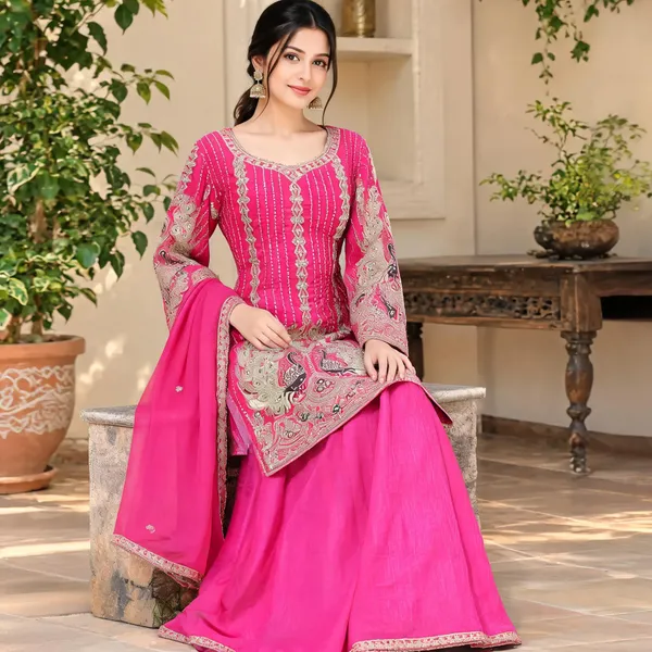 Pink_Chiffon_Kurti_Palazzo_Set_For_Women