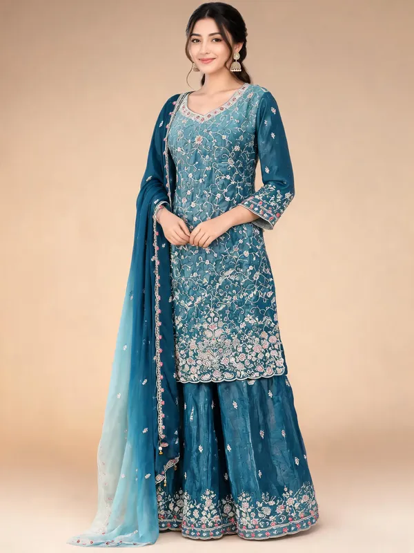 Blue_Chiffon_Kurti_Palazzo_Set_For_Women