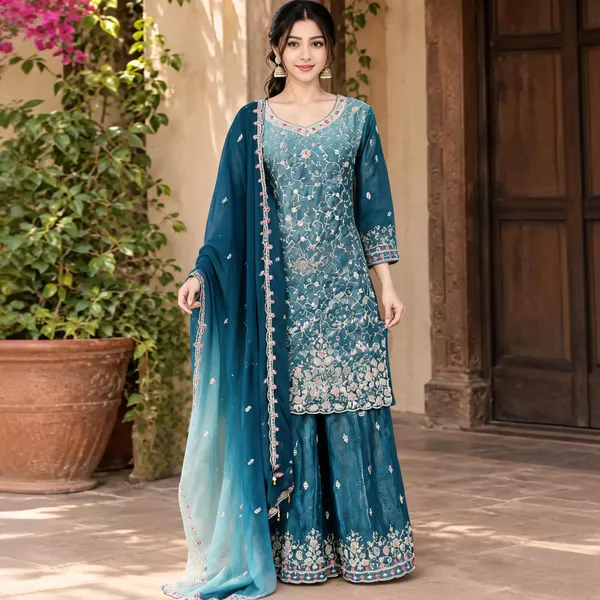 Blue_Chiffon_Kurti_Palazzo_Set_For_Women
