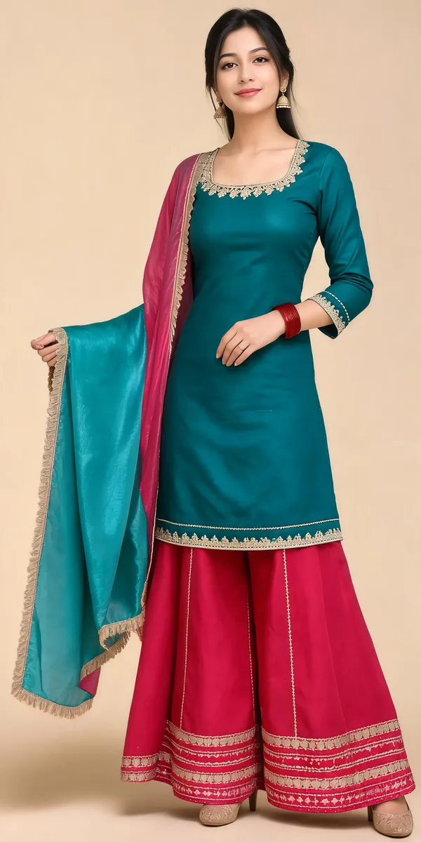Blue_Silk_Contrast_Kurti_Palazzo_Set_For_Women