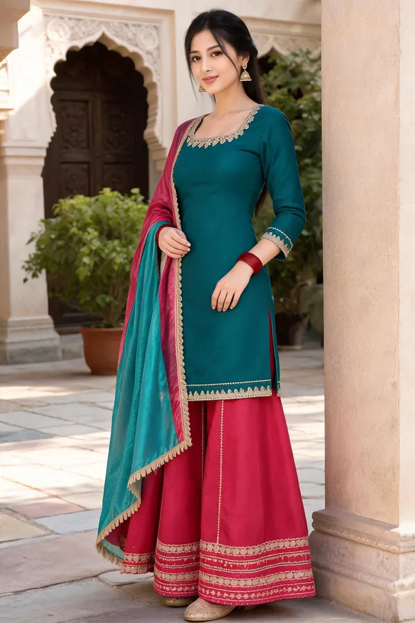 Blue_Silk_Contrast_Kurti_Palazzo_Set_For_Women