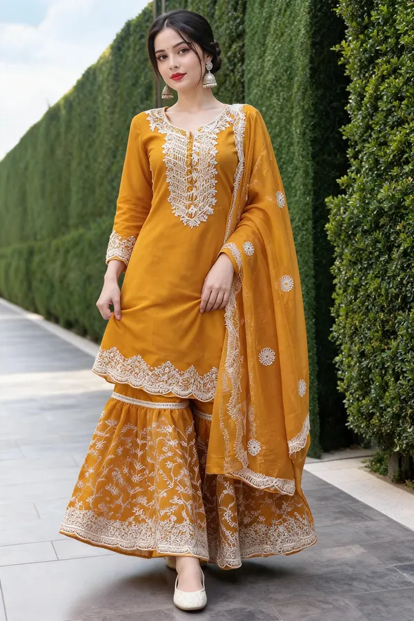 Yellow_Organza_Kurti_Sharara_Set_For_Women