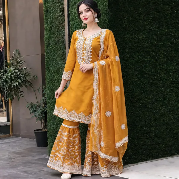 Yellow_Organza_Kurti_Sharara_Set_For_Women