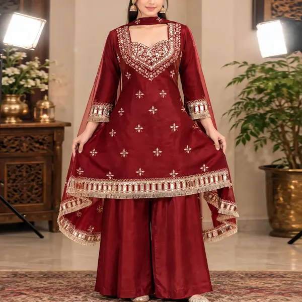 Maroon_Silk_Choli_Kurti_Palazzo_Set_For_Women