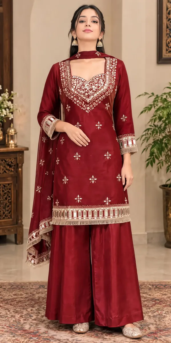 Maroon_Silk_Choli_Kurti_Palazzo_Set_For_Women