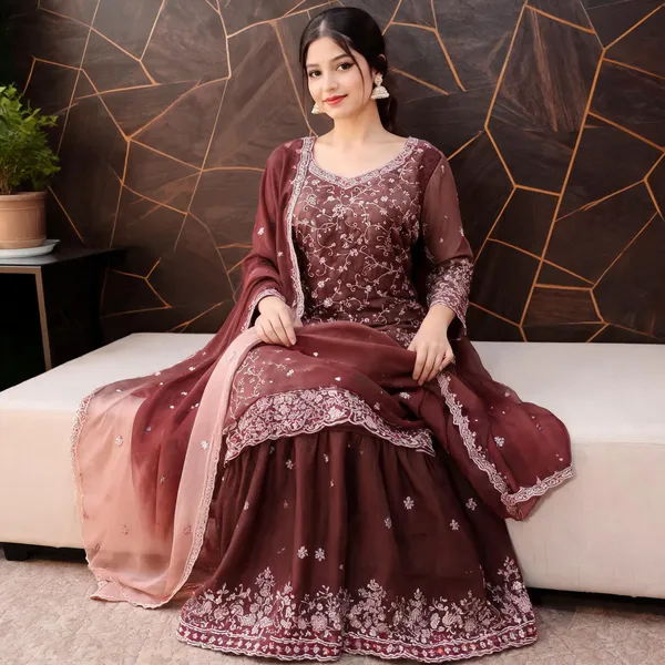 Brown_Organza_Embroidered_Pakistani_Sharara_For_Women