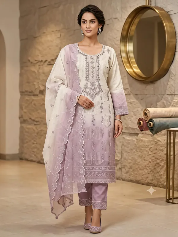 White_Organza_Kurti_Pant_Set_For_Women