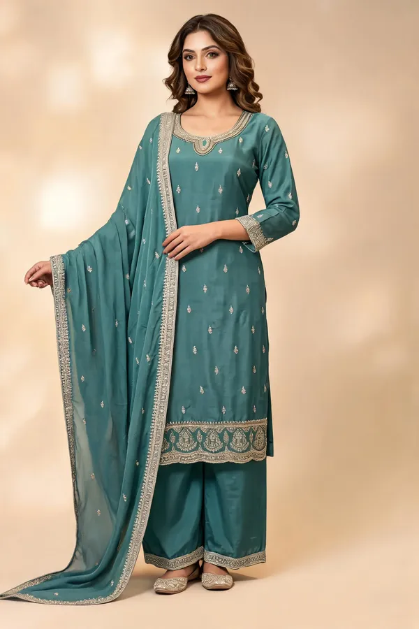 Blue_Chiffon_Kurti_Pant_Set_For_Women