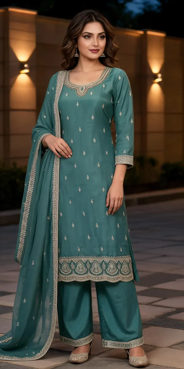 Blue_Chiffon_Kurti_Pant_Set_For_Women