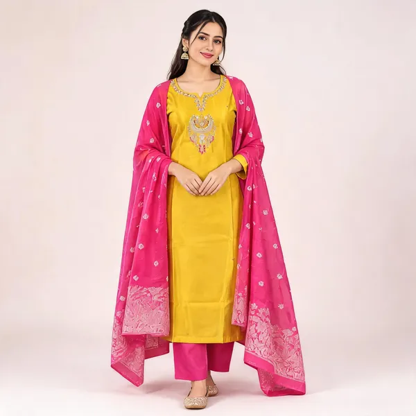 Yellow_Silk_Kurti_Pant_Set_For_Women