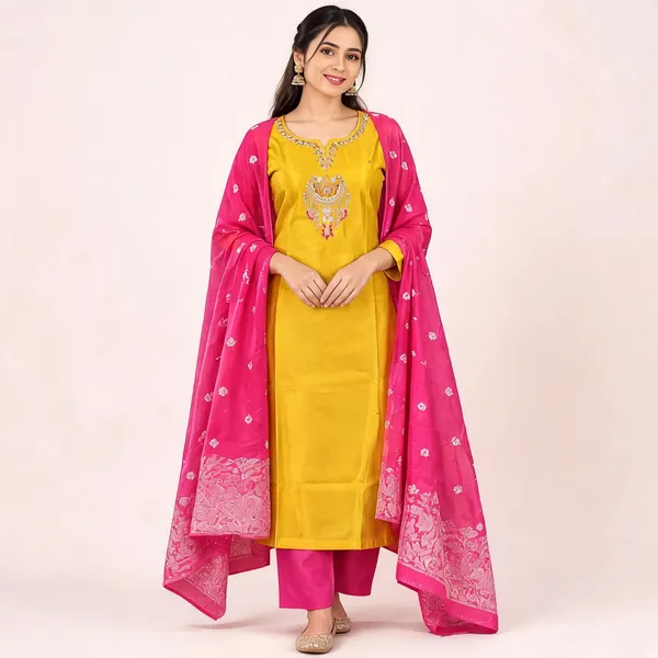 Yellow_Silk_Kurti_Pant_Set_For_Women