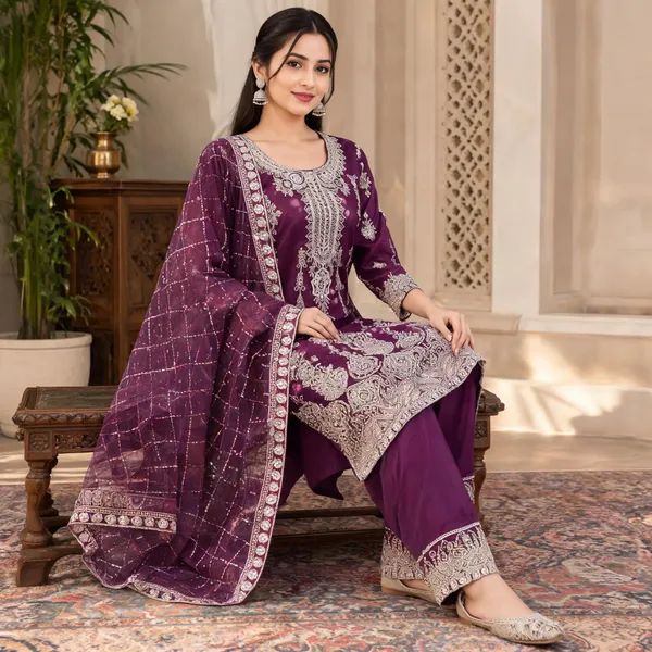 Purple_Organza_Kurti_Pant_Set_For_Women