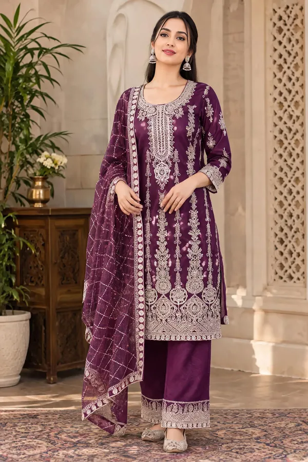 Purple_Organza_Kurti_Pant_Set_For_Women