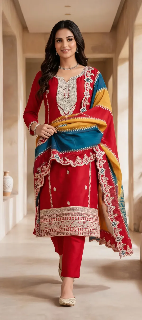 Red_Silk_Kurti_Pant_Set_For_Women