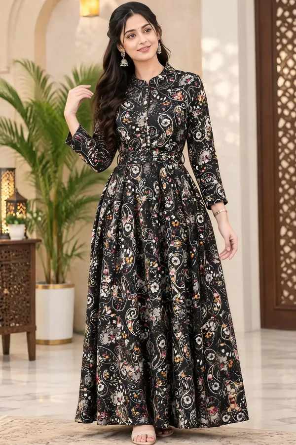 Black_Rayon_Frock_Suit_With_Belt_For_Women