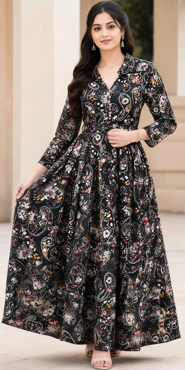 Black_Rayon_Frock_Suit_With_Belt_For_Women