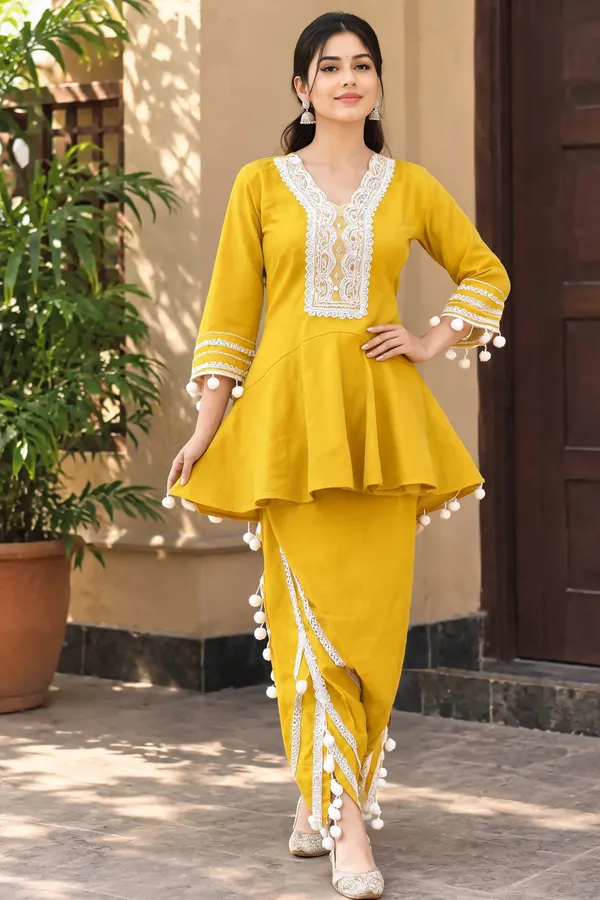 Yellow_Vertical_Cotton_Peplum_Top_With_Dhoti_For_Women