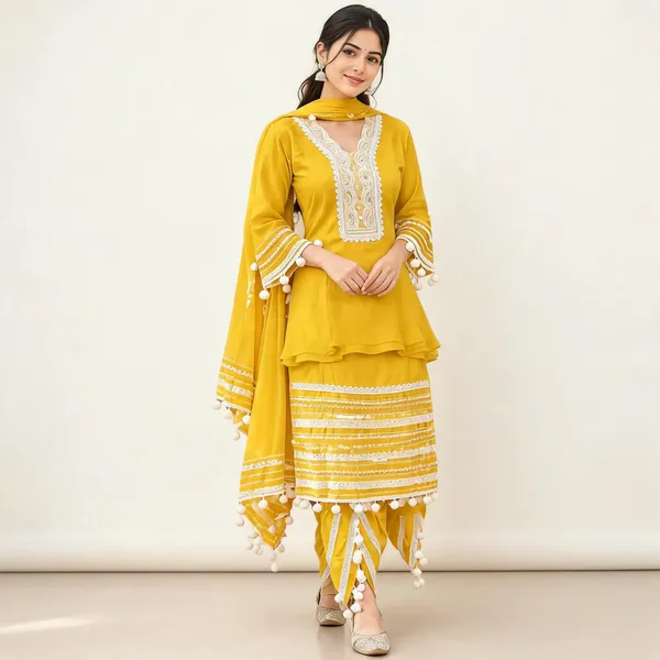 Yellow_Vertical_Cotton_Peplum_Top_With_Dhoti_For_Women