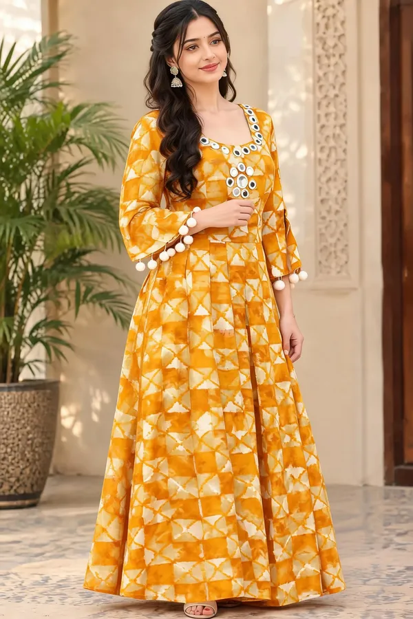 Yellow_Rayon_Frock_Suit_For_Women