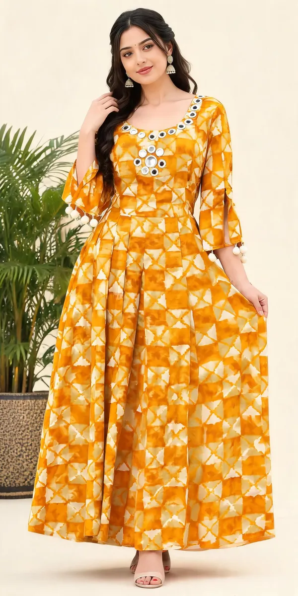 Yellow_Rayon_Frock_Suit_For_Women