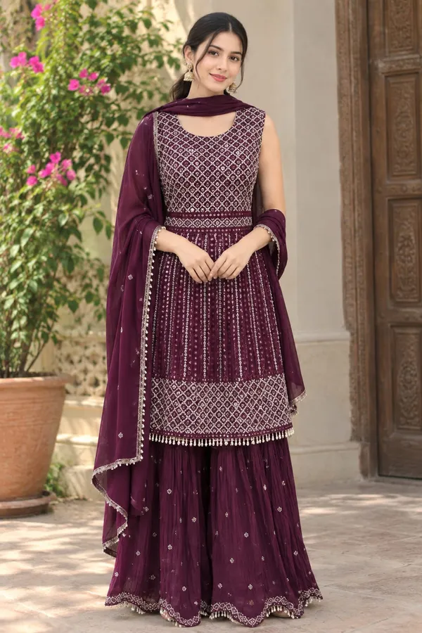 Purple_Georgette_Peplum_Top_With_Sharara_For_Women