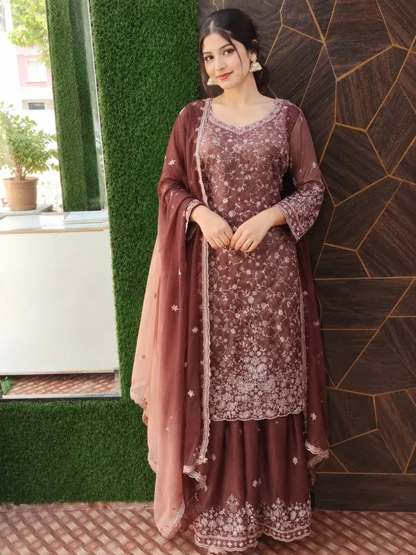 Brown_Organza_Embroidered_Pakistani_Sharara_For_Women