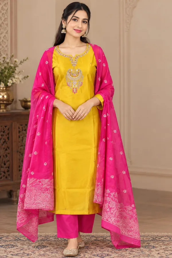 Yellow_Silk_Kurti_Pant_Set_For_Women