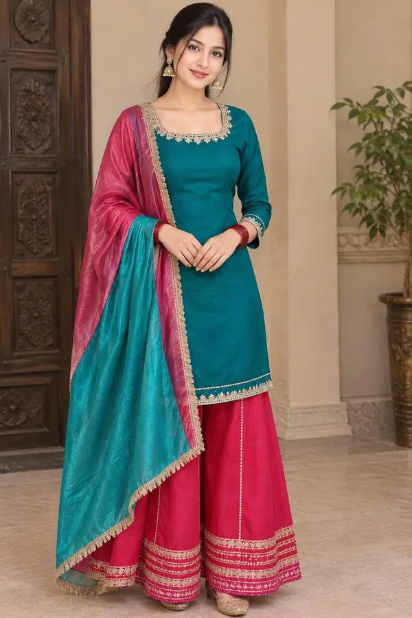 Blue_Silk_Contrast_Kurti_Palazzo_Set_For_Women