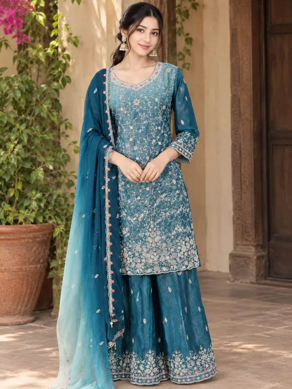 Blue_Chiffon_Kurti_Palazzo_Set_For_Women