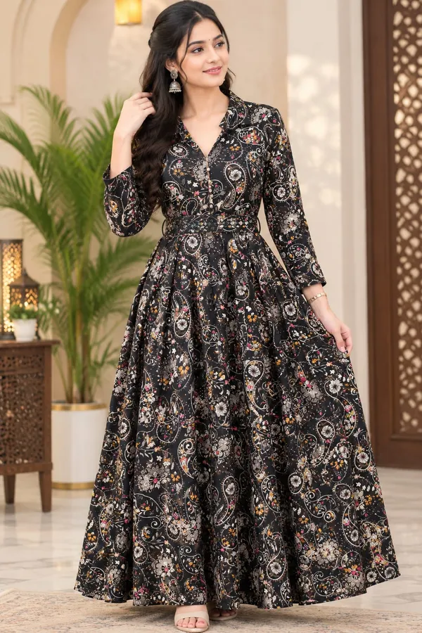 Black_Rayon_Frock_Suit_With_Belt_For_Women