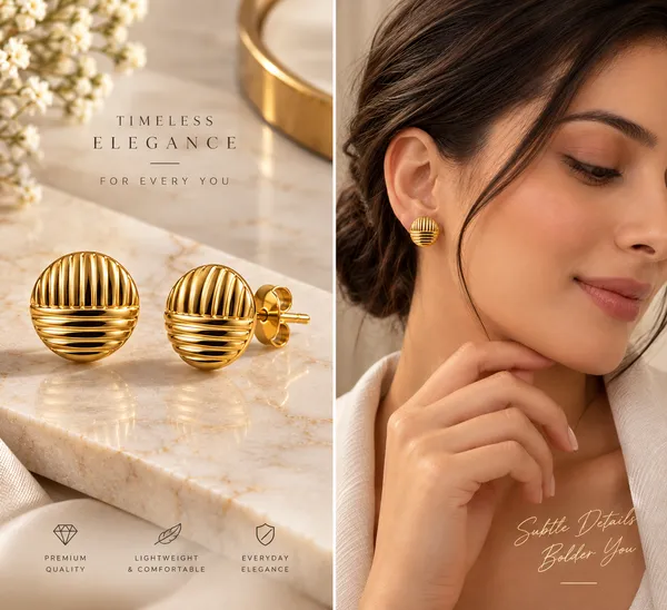 Gold_Metal_Ribbed_Round_Stud_Earrings_For_Women