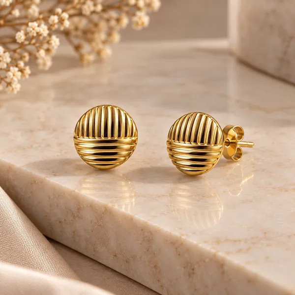 Gold_Metal_Ribbed_Round_Stud_Earrings_For_Women