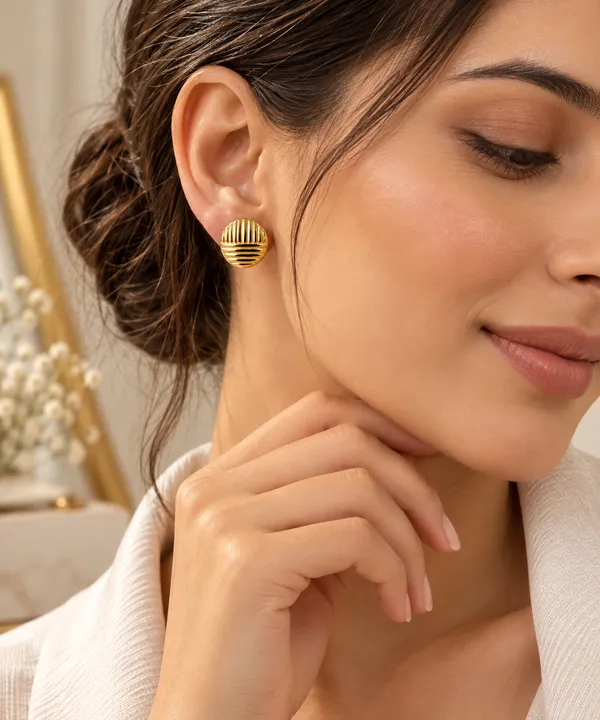 Gold_Metal_Ribbed_Round_Stud_Earrings_For_Women