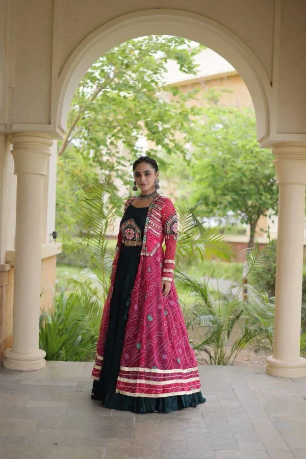 Navratri_Dark_Green_Flared_Lehenga_Choli_Set_With_Rani_Pink_Bandhani_Print_Shrug_Embroidered_Top_Veronica_Fashion_Hub