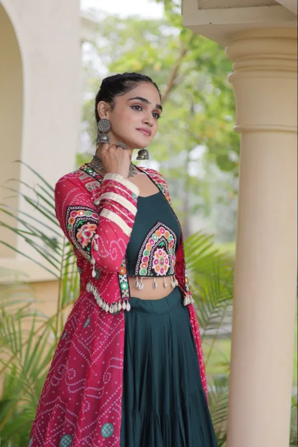Navratri_Dark_Green_Flared_Lehenga_Choli_Set_With_Rani_Pink_Bandhani_Print_Shrug_Embroidered_Top_Veronica_Fashion_Hub