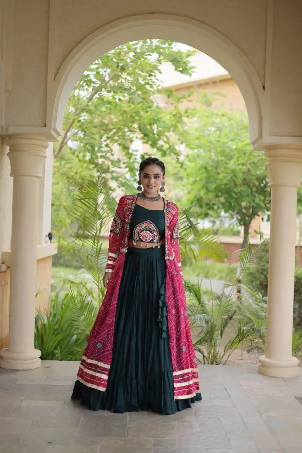 Navratri_Dark_Green_Flared_Lehenga_Choli_Set_With_Rani_Pink_Bandhani_Print_Shrug_Embroidered_Top_Veronica_Fashion_Hub