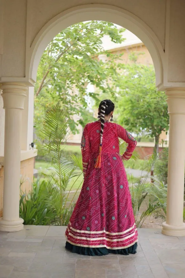 Navratri_Dark_Green_Flared_Lehenga_Choli_Set_With_Rani_Pink_Bandhani_Print_Shrug_Embroidered_Top_Veronica_Fashion_Hub