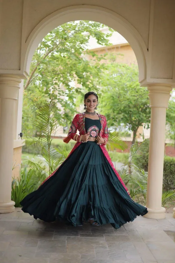 Navratri_Dark_Green_Flared_Lehenga_Choli_Set_With_Rani_Pink_Bandhani_Print_Shrug_Embroidered_Top_Veronica_Fashion_Hub