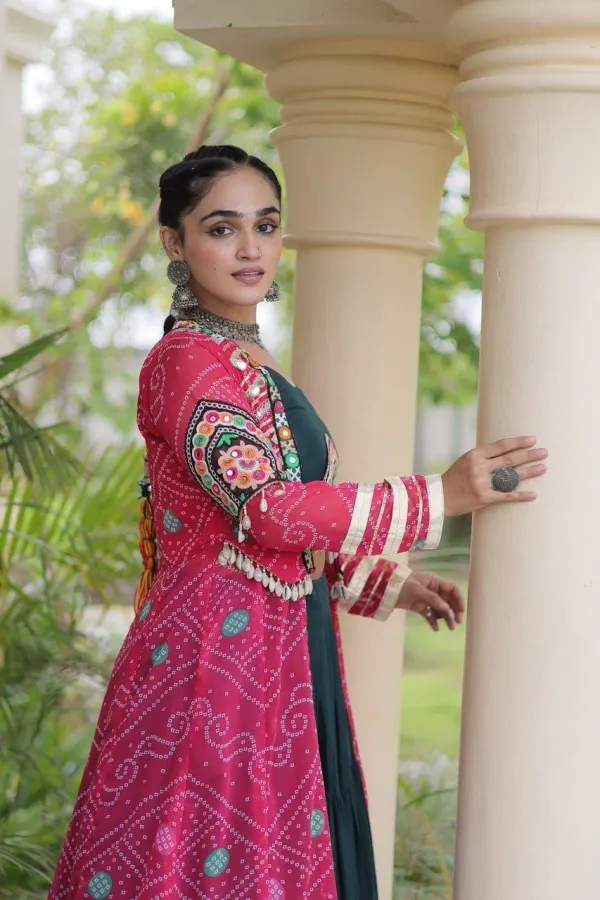 Navratri_Dark_Green_Flared_Lehenga_Choli_Set_With_Rani_Pink_Bandhani_Print_Shrug_Embroidered_Top_Veronica_Fashion_Hub