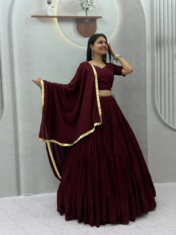 Navratri_Special_Lehenga_Choli_Maroon_Cotton_Tiered_Flared_Lehenga_Choli_Set_With_Gota_Border_Dupatta_Veronica_Fashion_Hub