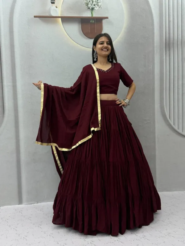 Navratri_Special_Lehenga_Choli_Maroon_Cotton_Tiered_Flared_Lehenga_Choli_Set_With_Gota_Border_Dupatta_Veronica_Fashion_Hub