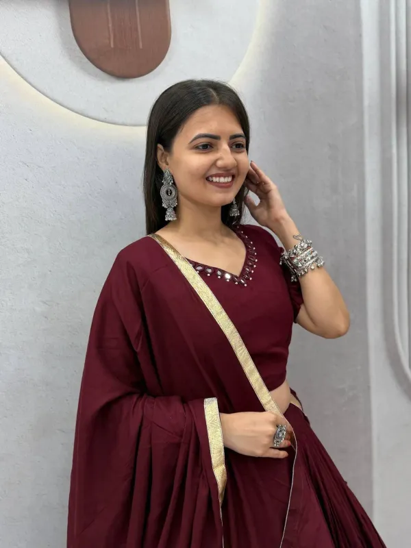 Navratri_Special_Lehenga_Choli_Maroon_Cotton_Tiered_Flared_Lehenga_Choli_Set_With_Gota_Border_Dupatta_Veronica_Fashion_Hub